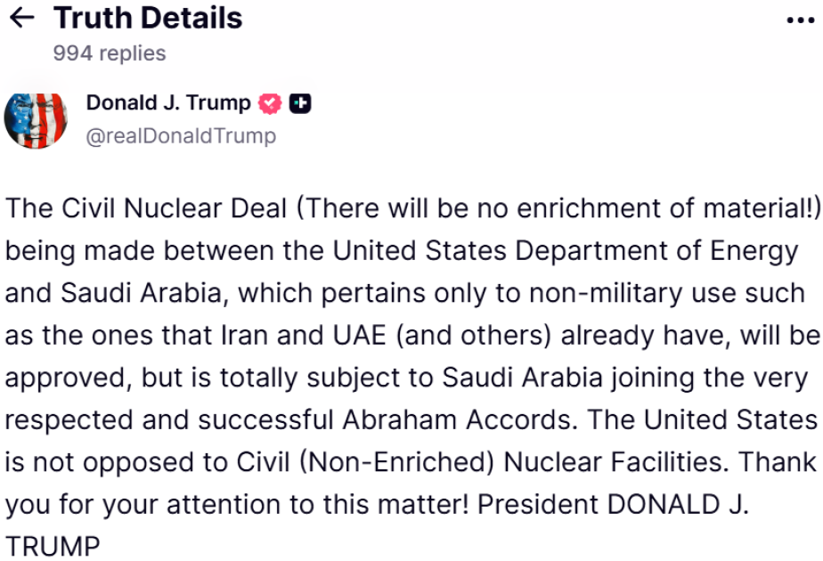 Trump adds new condition to signed Saudi civilian nuclear deal