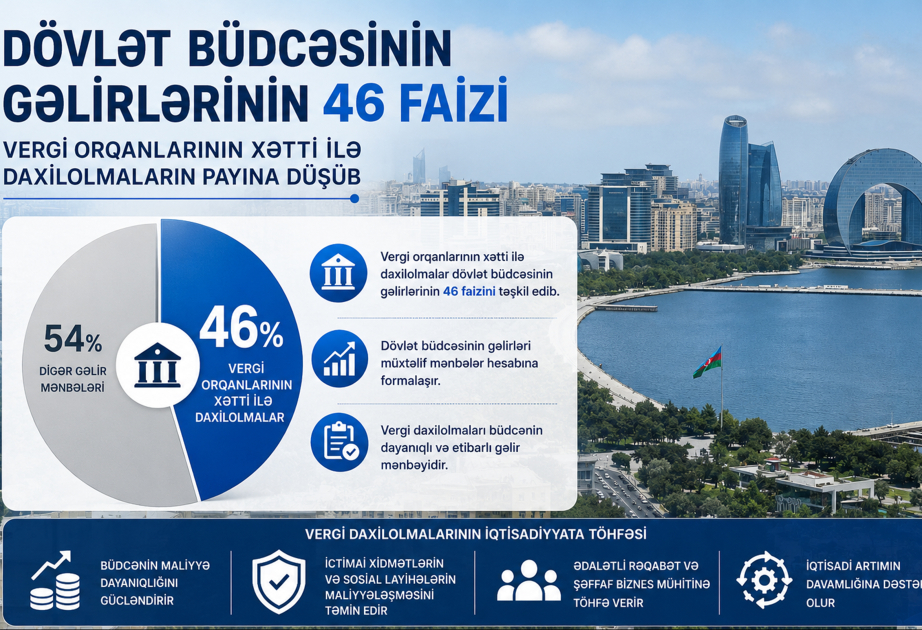 Dövlət büdcəsinin gəlirlərinin 46 faizi vergi orqanlarının xətti ilə daxilolmaların payına düşüb