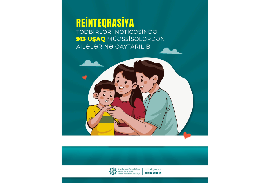 Reinteqrasiya tədbirləri nəticəsində 913 uşaq müəssisələrdən ailələrinə qaytarılıb