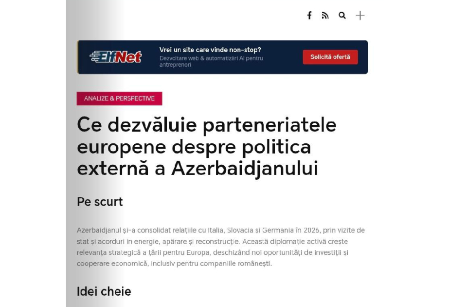 Romanian publication: Azerbaijan's partnerships with Europe highlight country's strengthening foreign policy