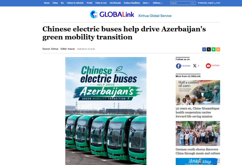 “Sinxua” agentliyi: Azərbaycanlı sürücülər Çinin elektrikli avtobuslarından məmnundurlar