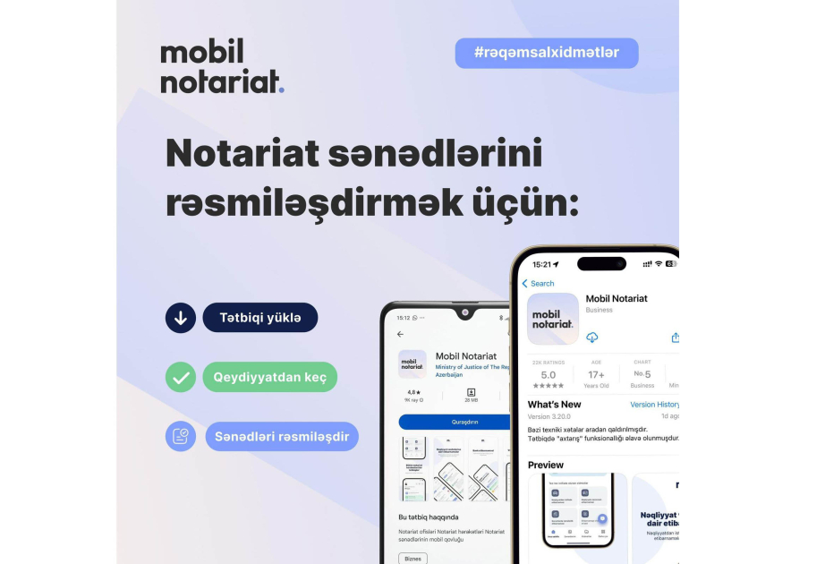 Nazirlik: “Mobil notariat” tətbiqinin “mygov”a tam inteqrasiyası istiqamətində işlər davam etdirilir