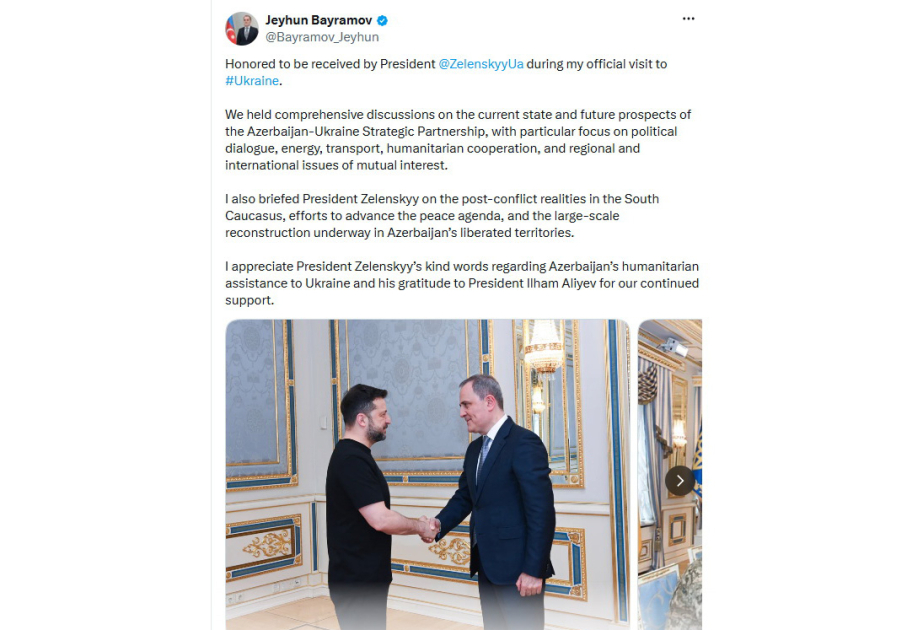 Джейхун Байрамов проинформировал Президента Украины о постконфликтных реалиях на Южном Кавказе