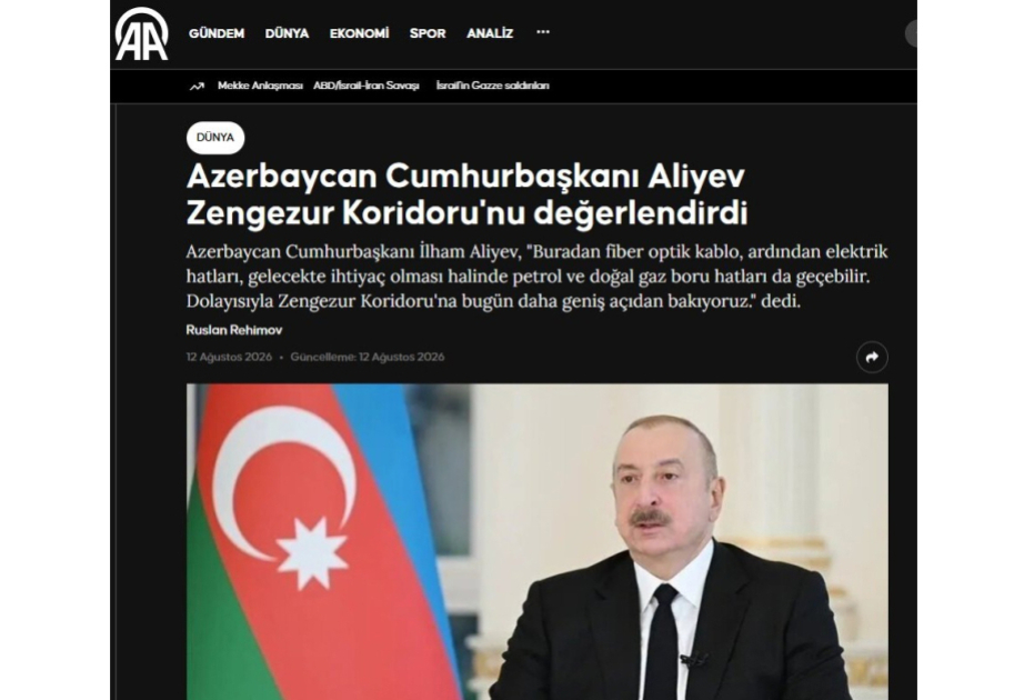 Dünya mediası Prezident İlham Əliyevin Naxçıvanda səsləndirdiyi fikirlərə geniş yer ayırıb