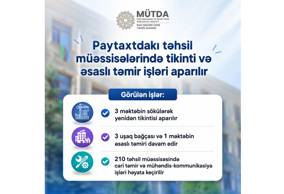 Paytaxtdakı təhsil müəssisələrində tikinti və əsaslı təmir işləri aparılır