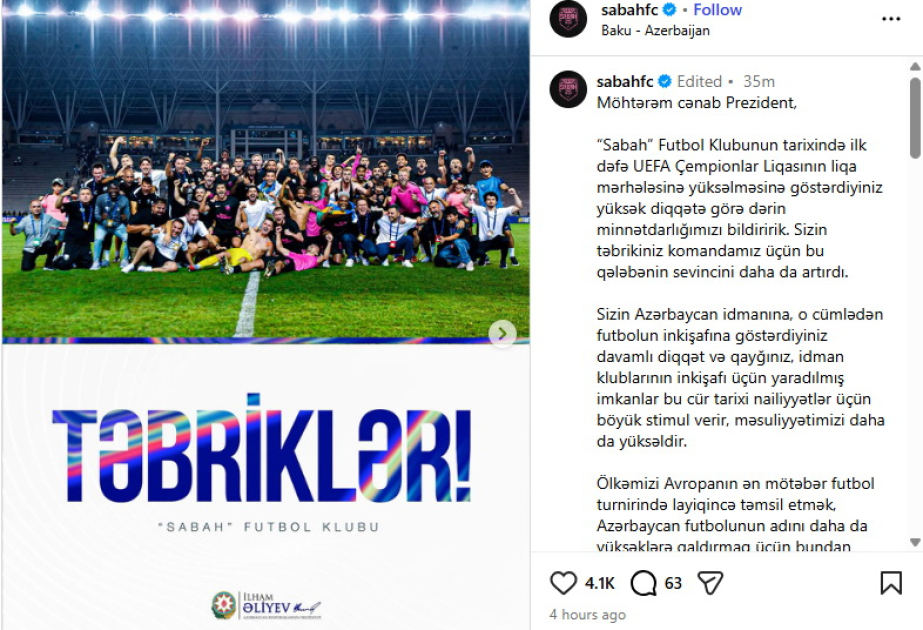 Sabah FC agradece al Presidente Ilham Aliyev