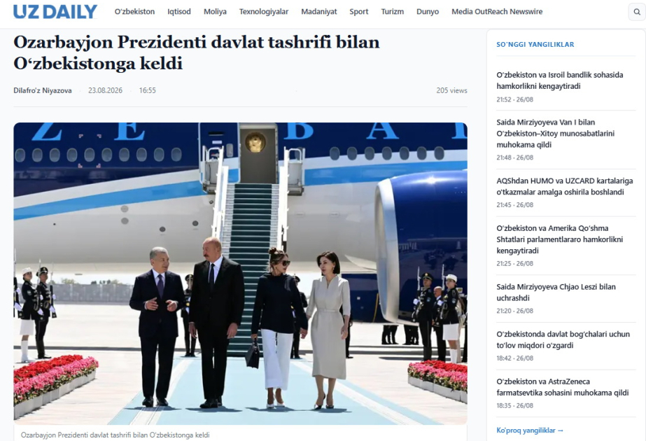 Özbəkistan mətbuatı Azərbaycan Prezidentinin dövlət səfərinin nəticələrini geniş işıqlandırıb