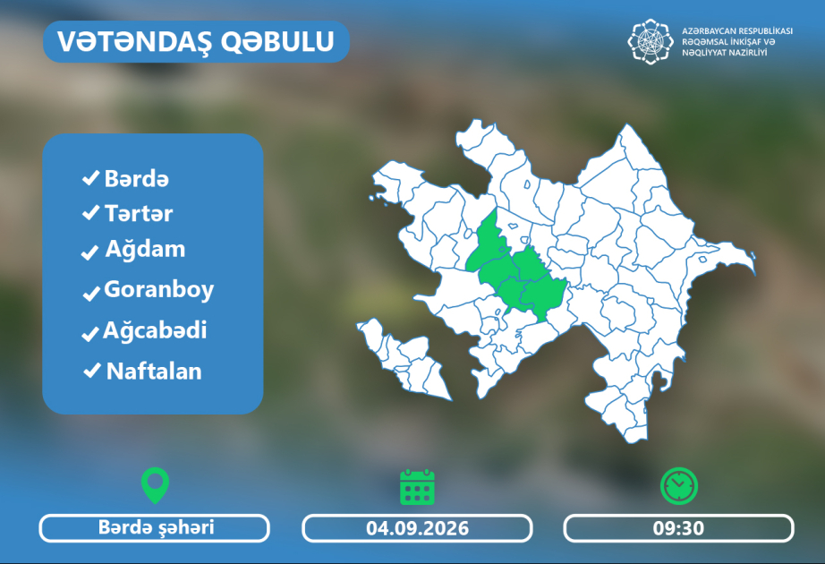 Rəqəmsal inkişaf və nəqliyyat naziri Bərdədə vətəndaşların müraciətlərini dinləyəcək