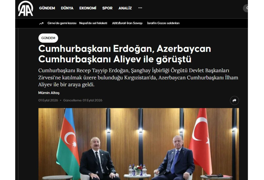 Türkiyə mediası Azərbaycan və Türkiyə prezidentlərinin Bişkek görüşünü geniş işıqlandırıb