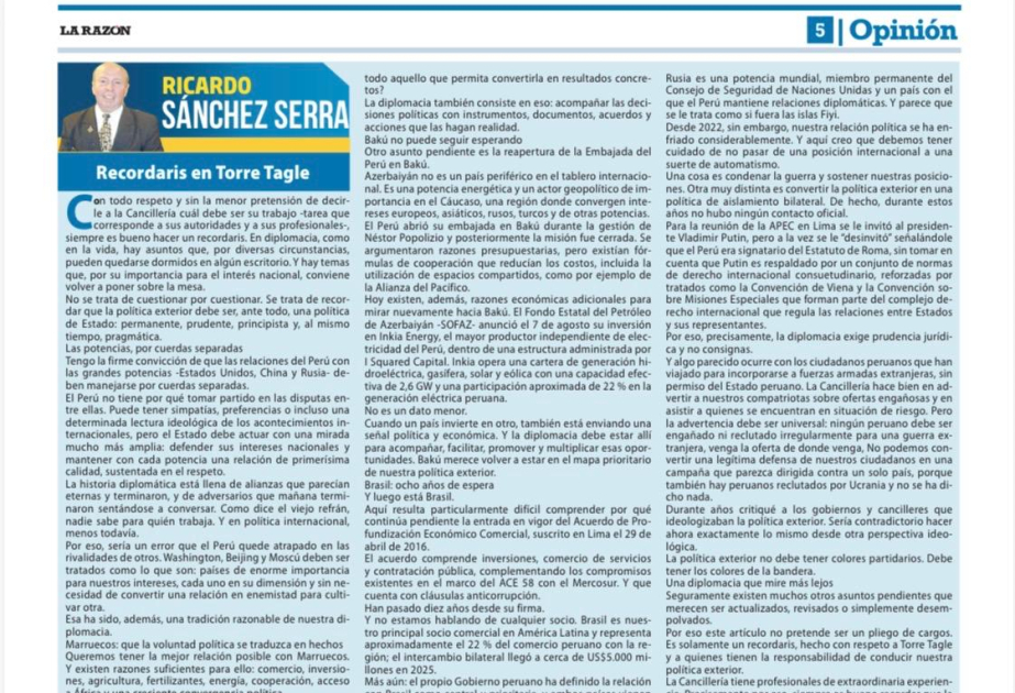 Baku should feature on Peru’s foreign policy priority map, Peruvian newspaper says