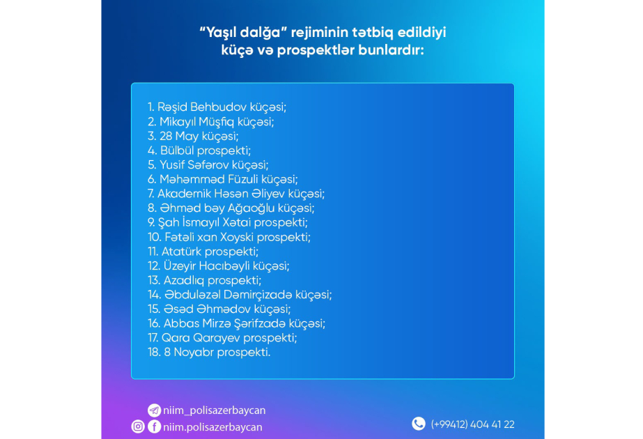Bakının 7 prospektində və 11 küçəsində “Yaşıl dalğa” rejimi tətbiq edilir