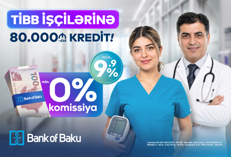 ® “Bank of Baku”da səhiyyə işçilərinə özəl fürsət var: 80 min manatadək kredit 0 faiz komissiya ilə
