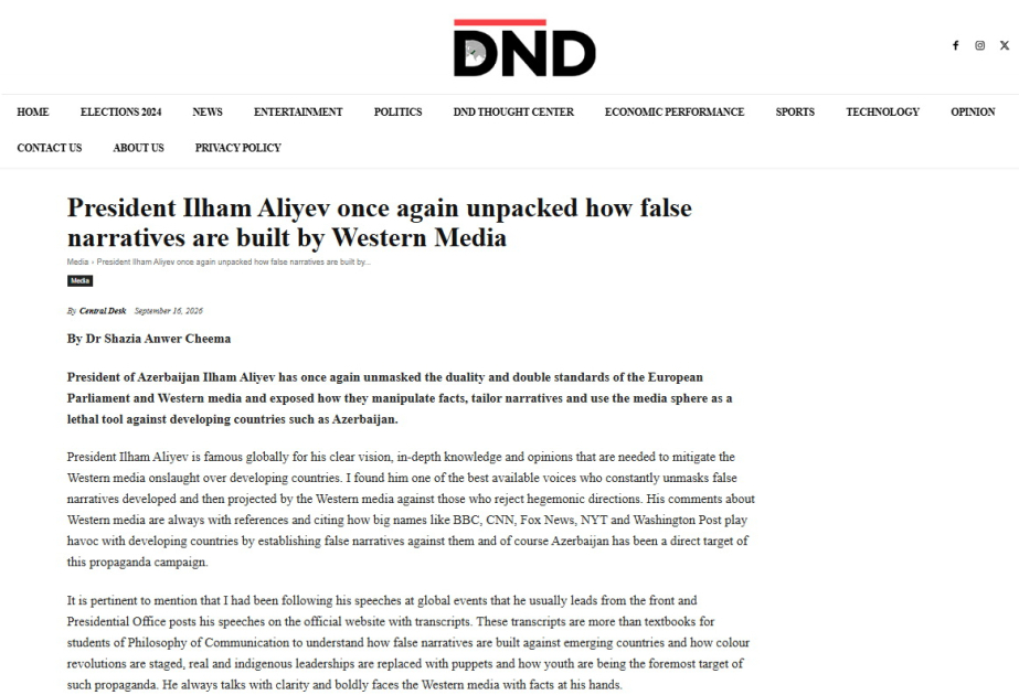 Pakistanische Expertin: Ilham Aliyev kritisiert westliche Mediennarrative