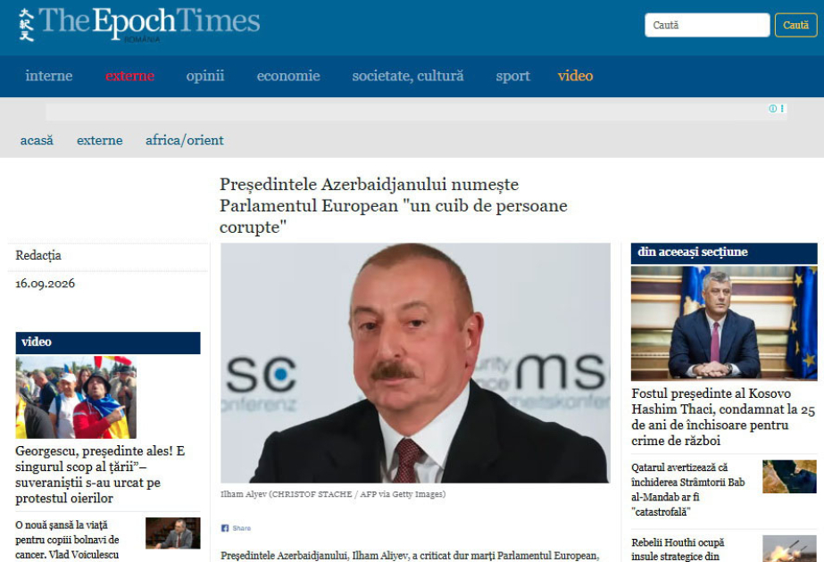 Rumıniya nəşri Prezident İlham Əliyevin Avropa Parlamenti barədə fikirlərini dərc edib