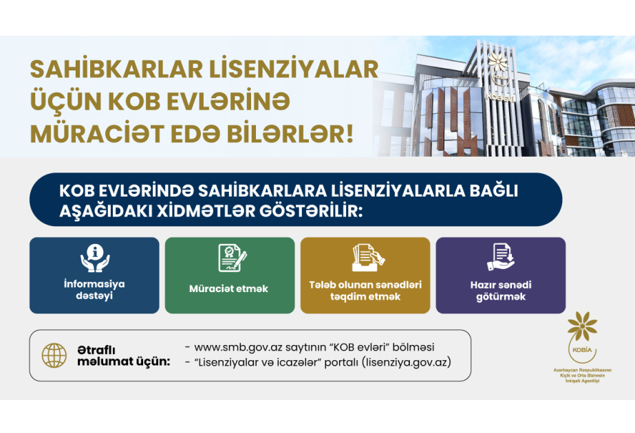 KOBİA: Sahibkarlar 23 fəaliyyət növü üzrə lisenziyalar üçün KOB evlərinə müraciət edə bilərlər