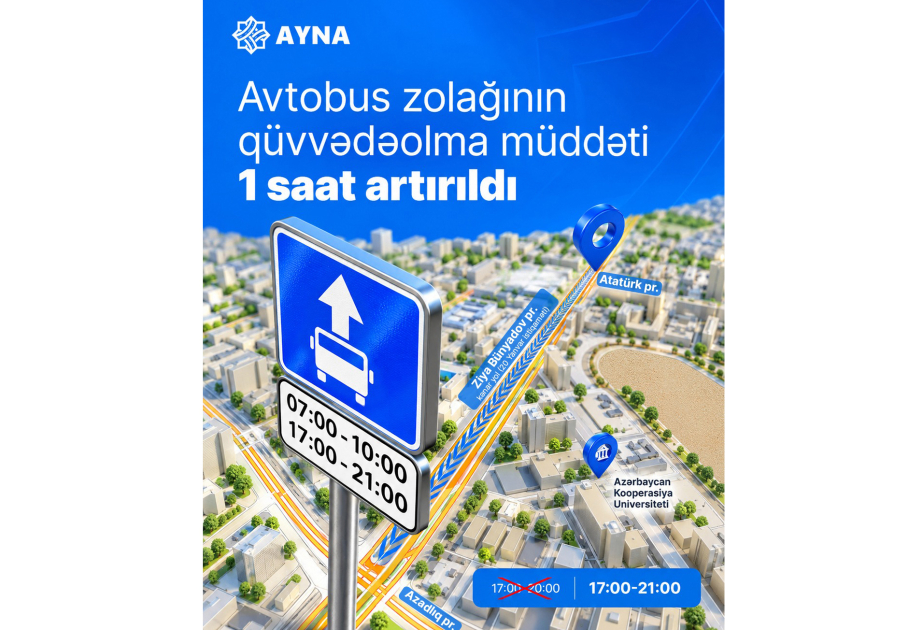Ziya Bünyadov prospektinin bir hissində avtobus zolağının qüvvədəolma müddəti bir saat artırılıb