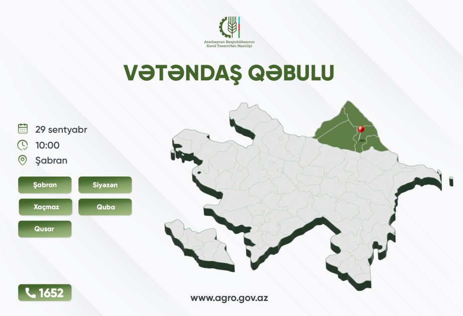 Kənd təsərrüfatı naziri Məcnun Məmmədov Şabranda vətəndaşları qəbul edəcək