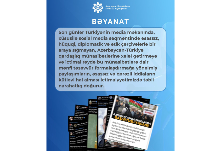 Media və Yayım Şurası: Azərbaycan-Türkiyə münasibətlərinə xələl gətirməyə yönəlmiş əsassız iddialar narahatlıq doğurur