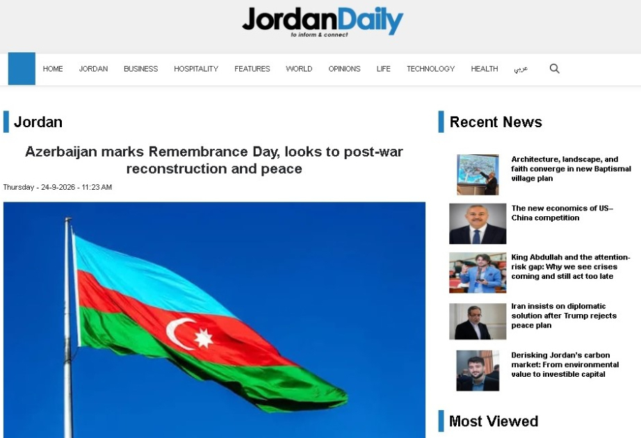İordaniya mediasında 27 Sentyabr – Anım Günü haqqında məqalələr dərc edilib