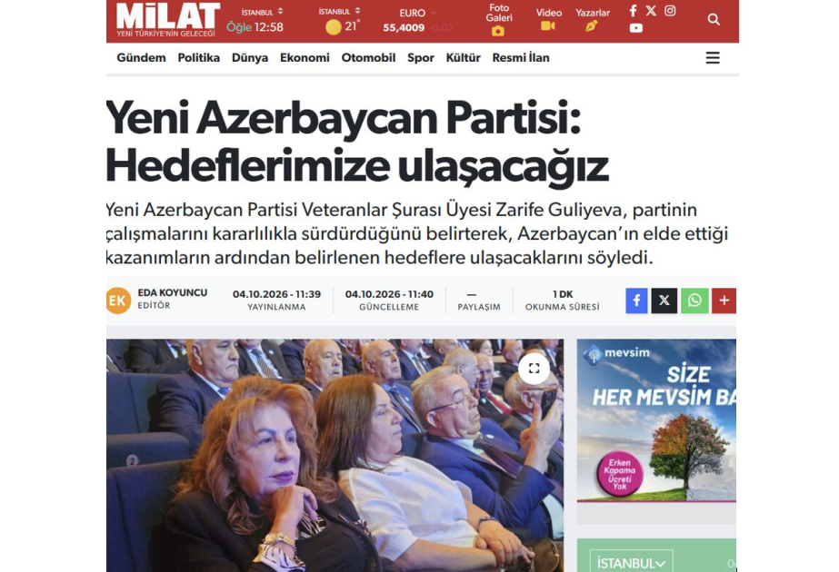 Türkiyə qəzeti: Yeni Azərbaycan Partiyası bundan sonra da öz hədəflərinə çatacaq