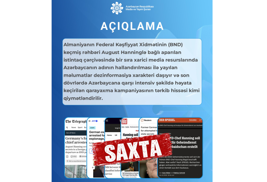 Media və Yayım Şurası: Azərbaycanın BND işi ilə əlaqələndirilməsi dezinformasiyadır