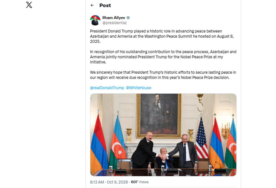Prezident İlham Əliyev: Trampın regionumuzda sülh səylərinin bu il Nobel Sülh Mükafatı ilə bağlı qərarda layiqincə qiymətləndiriləcəyinə ümid edirik