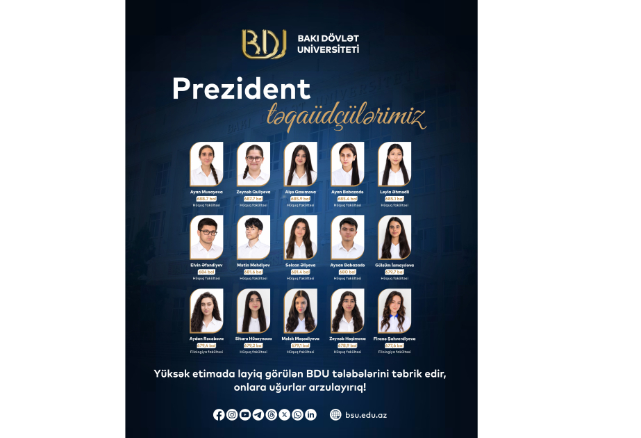 BDU-nun 15 tələbəsi Prezident təqaüdünə layiq görülüb
