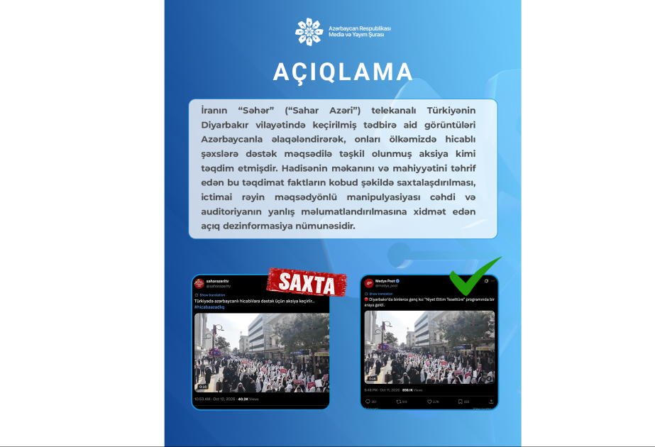 Media və Yayım Şurası: İranın "Səhər" telekanalı ictimai rəyi çaşdıran dezinformasiya yayır