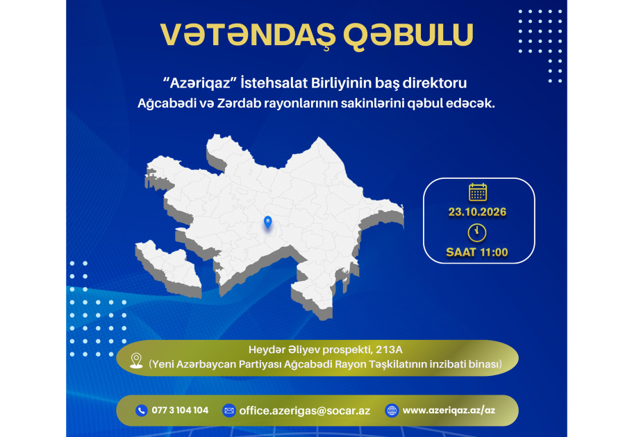 “Azəriqaz”ın baş direktoru Ağcabədidə vətəndaşların müraciətlərini dinləyəcək