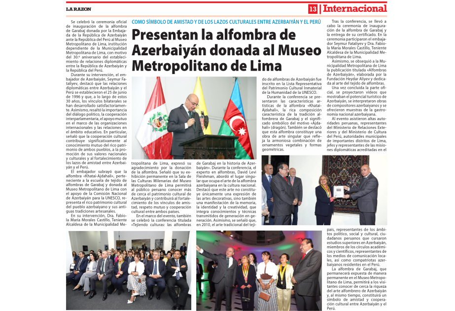Peruanische Medien würdigen Garabagh-Teppiche und Freundschaft zwischen Aserbaidschan und Peru
