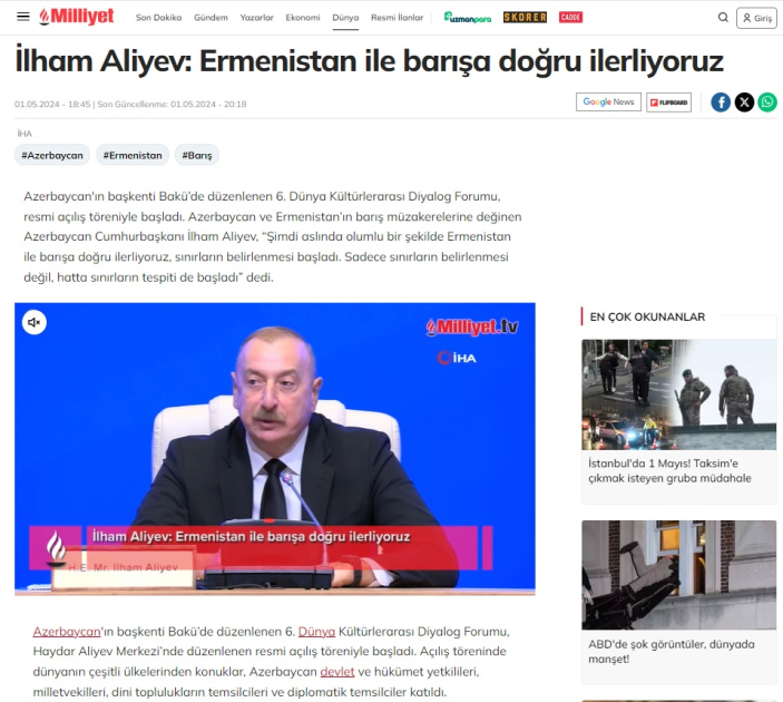 Türkiyə mediası Prezident İlham Əliyevin Mədəniyyətlərarası Dialoq Forumunun açılış mərasimindəki açıqlamalarına geniş yer verib