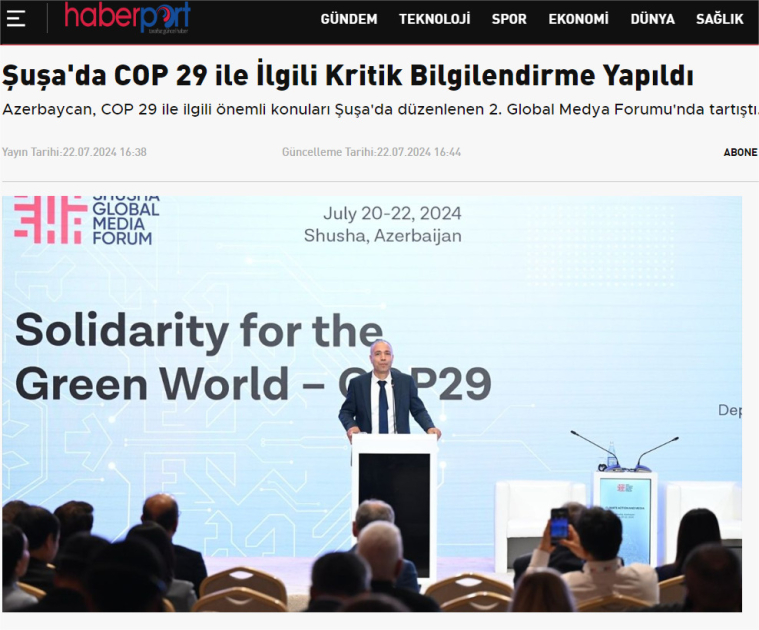 Türkiyə mətbuatı Şuşada keçirilən Media Forum çərçivəsində COP29 təqdimatı barədə yazıb