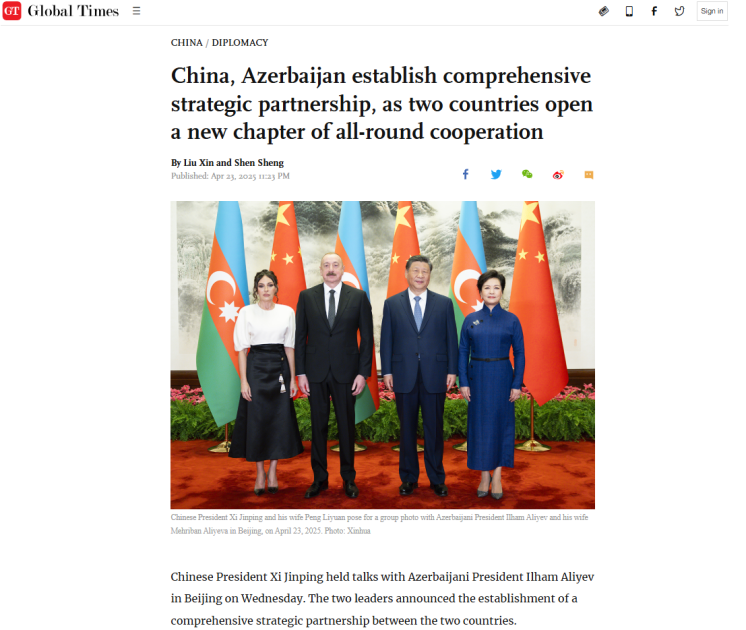 “Global Times”: Azərbaycan və Çin arasında hərtərəfli strateji tərəfdaşlığın yaradılması təbii irəliləyişdir