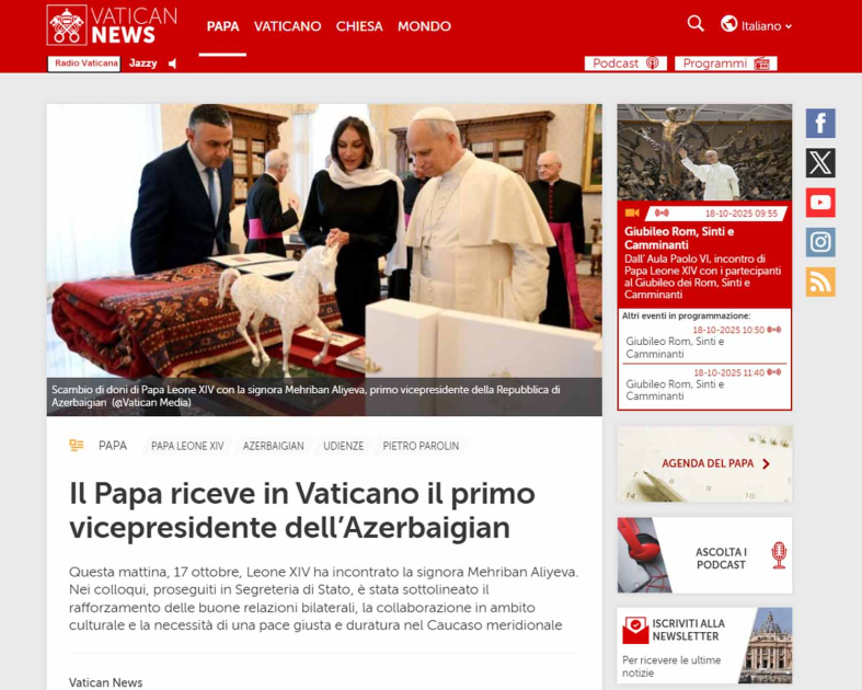 Birinci vitse-prezident Mehriban Əliyeva Vatikan və İtaliya mətbuatında