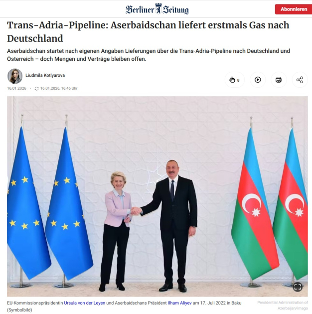 Alman mediası Azərbaycan qazının Almaniya və Avstriya bazarına ixracına geniş yer verib