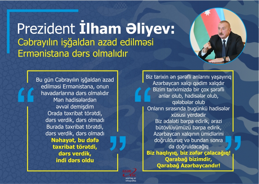 Prezident İlham Əliyev: Cəbrayılın işğaldan azad edilməsi Ermənistana dərs olmalıdır