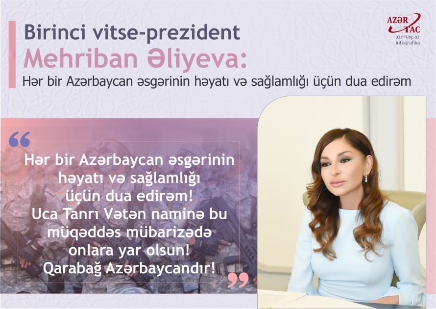 Birinci vitse-prezident Mehriban Əliyeva: Hər bir Azərbaycan əsgərinin həyatı və sağlamlığı üçün dua edirəm