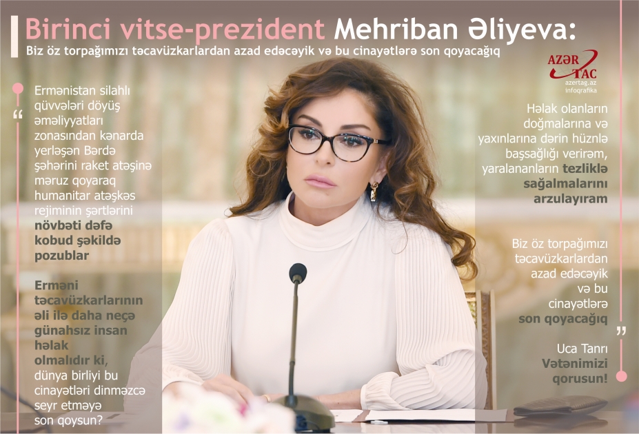 Birinci vitse-prezident Mehriban Əliyeva:Biz öz torpağımızı təcavüzkarlardan azad edəcəyik və bu cinayətlərə son qoyacağıq