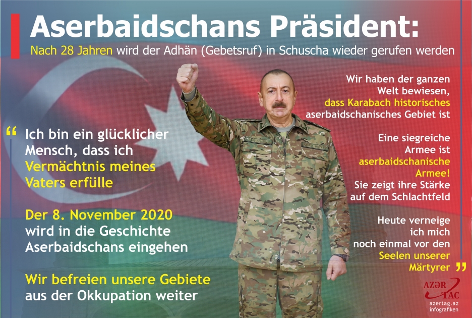 Aserbaidschans Präsident: Nach 28 Jahren wird der Adhän (Gebetsruf) in Schuscha wieder gerufen werden