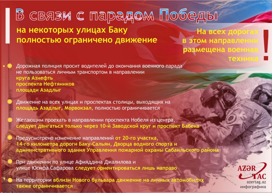 В связи с парадом Победы на некоторых улицах Баку полностью ограничено движение