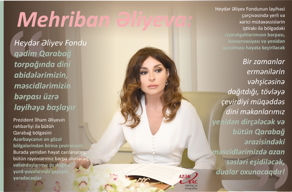 Mehriban Əliyeva: "Heydər Əliyev Fondu qədim Qarabağ torpağında dini abidələrimizin, məscidlərimizin bərpası üzrə layihəyə başlayır"