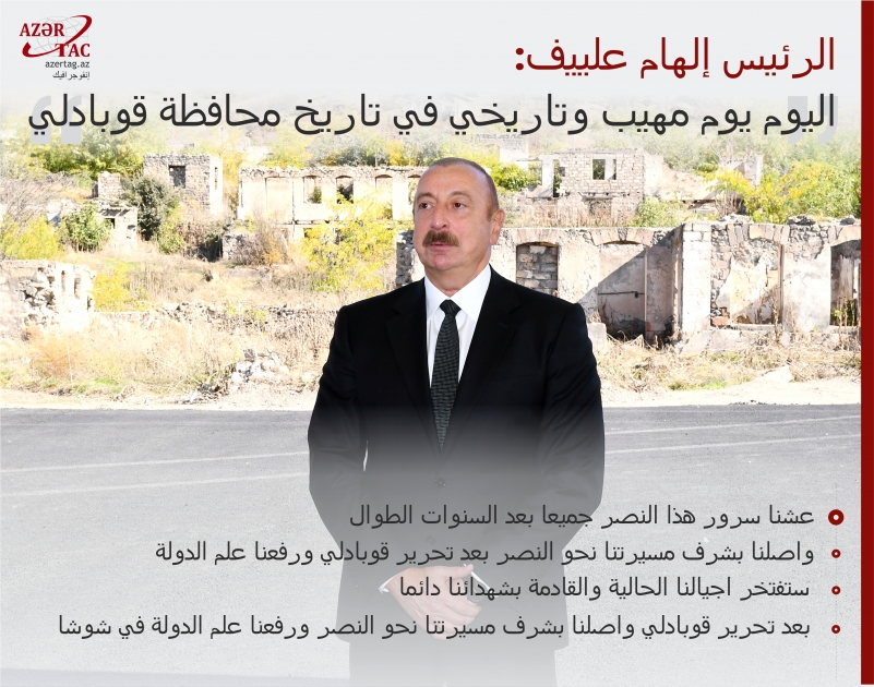 الرئيس إلهام علييف: اليوم يوم مهيب وتاريخي في تاريخ محافظة قوبادلي