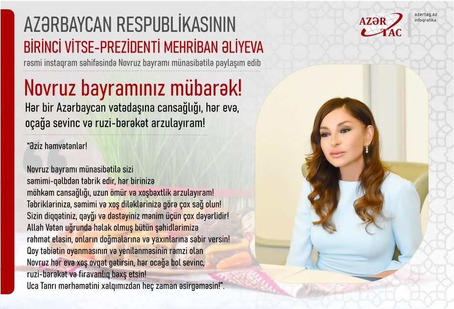 Birinci vitse-prezident Mehriban Əliyeva rəsmi instaqram səhifəsində Novruz bayramı münasibətilə paylaşım edib