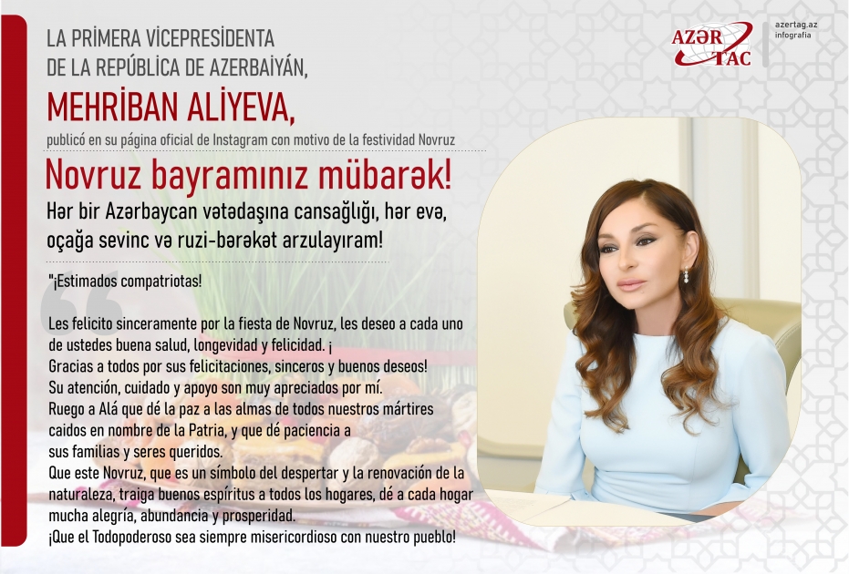 La primera vicepresidenta Mehriban Aliyeva compartió un post en su página oficial de Instagram con motivo de la festividad Novruz