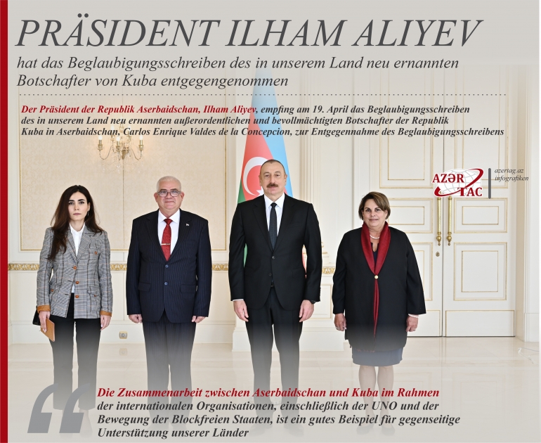Präsıdent Ilham Alıyev hat das Beglaubigungsschreiben des in unserem Land neu ernannten Botschafter von Kuba entgegengenommen