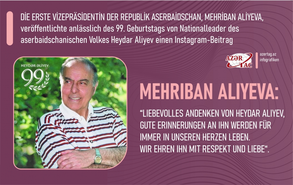 Die Erste Vizepräsidentin der Republik Aserbaidschan, Mehriban Aliyeva, veröffentlichte anlässlich des 99. Geburtstags von Nationalleader des aserbaidschanischen Volkes Heydar Aliyev einen Instagram-Beitrag