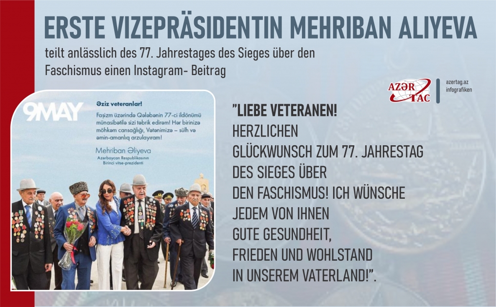Erste Vızepräsidentın Mehriban Aliyeva teilt anlässlich des 77. Jahrestages des Sieges über den Faschismus einen Instagram- Beitrag