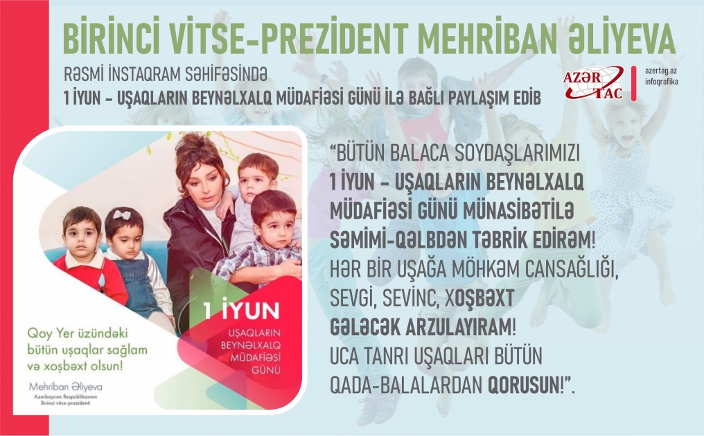Birinci vitse-prezident Mehriban Əliyeva 1 İyun - Uşaqların Beynəlxalq Müdafiəsi Günü ilə bağlı paylaşım edib