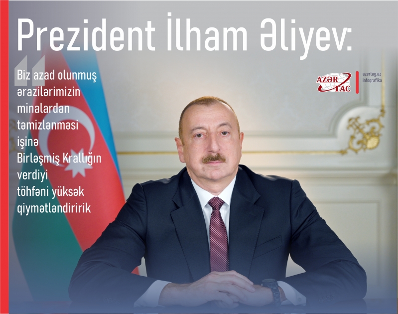 Prezident İlham Əliyev: Biz azad olunmuş ərazilərimizin minalardan təmizlənməsi işinə Birləşmiş Krallığın verdiyi töhfəni yüksək qiymətləndiririk