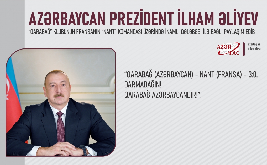 Azərbaycan Prezidenti İlham Əliyev “Qarabağ” klubunun Fransanın “Nant” komandası üzərində inamlı qələbəsi ilə bağlı paylaşım edib